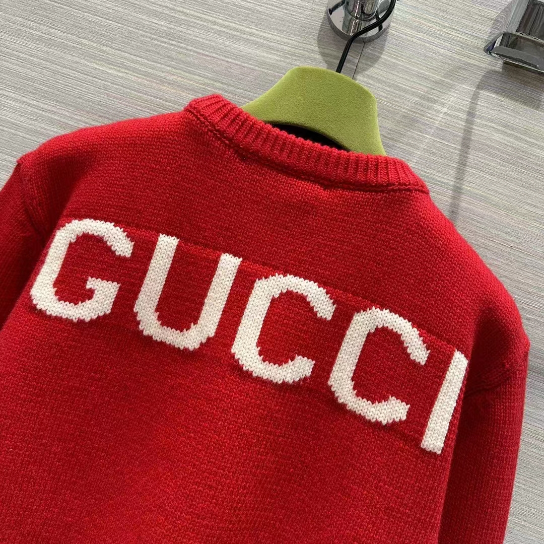 Gucci Women GG Red Wool Top Gucci Intarsia Crewneck Dropped Shoulder Long Sleeves