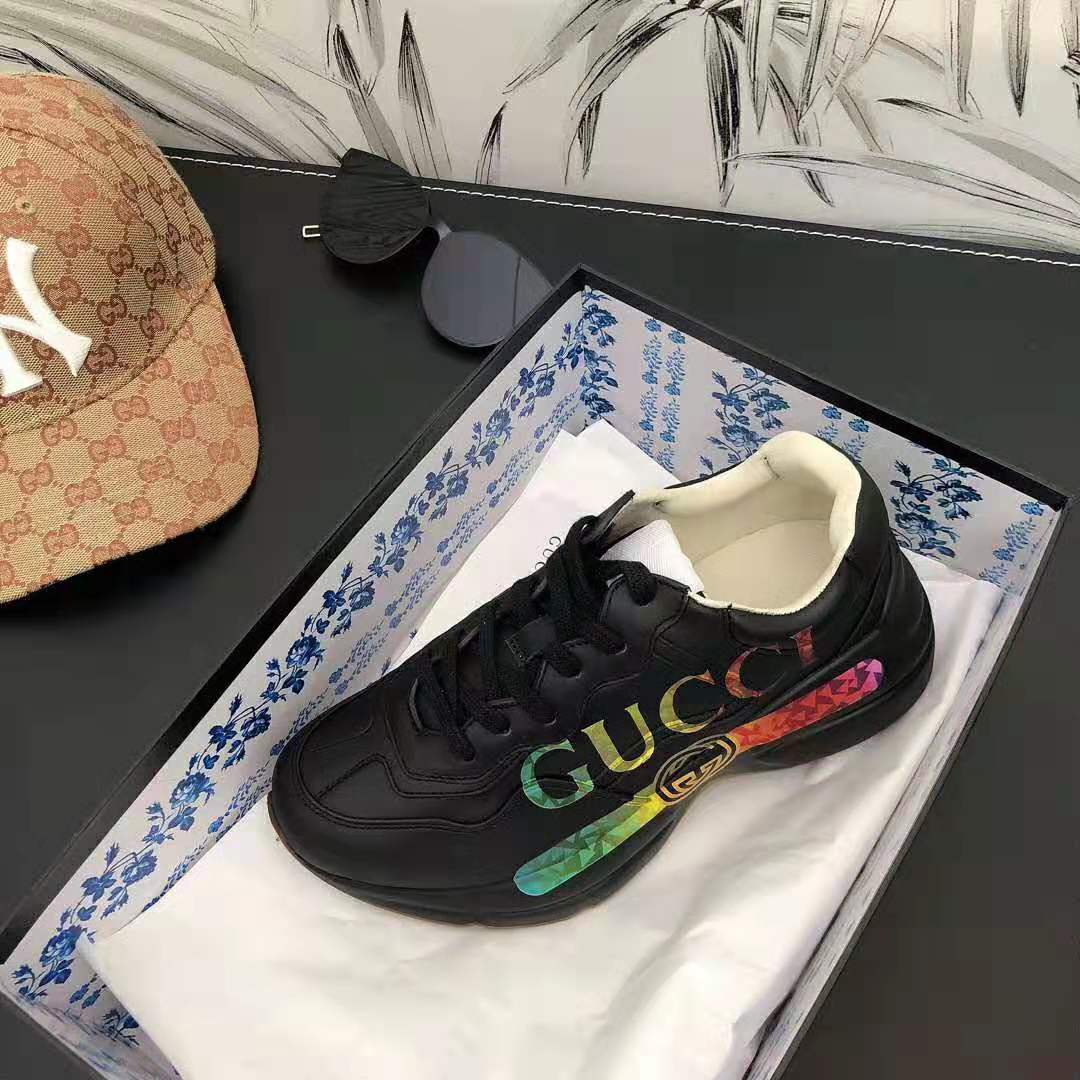 Gucci Unisex Rhyton Gucci Logo Leather Sneaker-Black