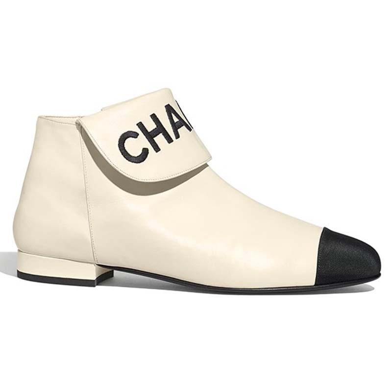 Chanel Women Loge Short Boots in Goat Leather & Faille-White