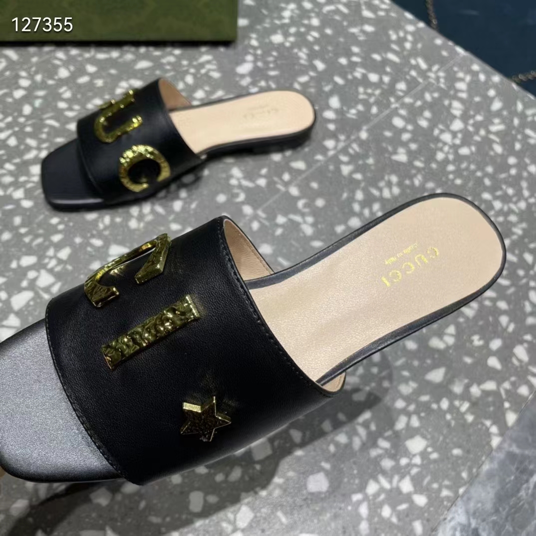 Gucci Women GG Slide Sandal Black Leather Textured Logo Star Flat 1 Cm Heel