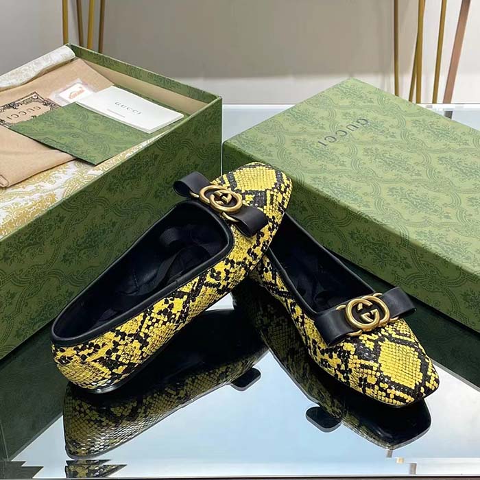 Gucci Women GG Python Ballet Flat Yellow Black Leather Interlocking G Black Leather Bow