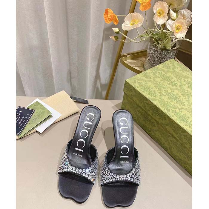 Gucci Women GG Slide Sandal Crystals Black Silk Satin Mid 6 CM Heel