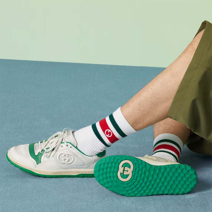 Gucci Unisex GG MAC80 Sneaker Off White Green Leather Round Toe Rubber Flat