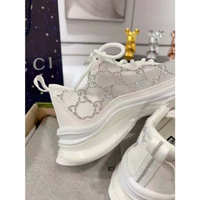 Gucci Unisex GG Gucci Run GG Crystal Mesh Sneaker White Suede Mid 6 CM Heel