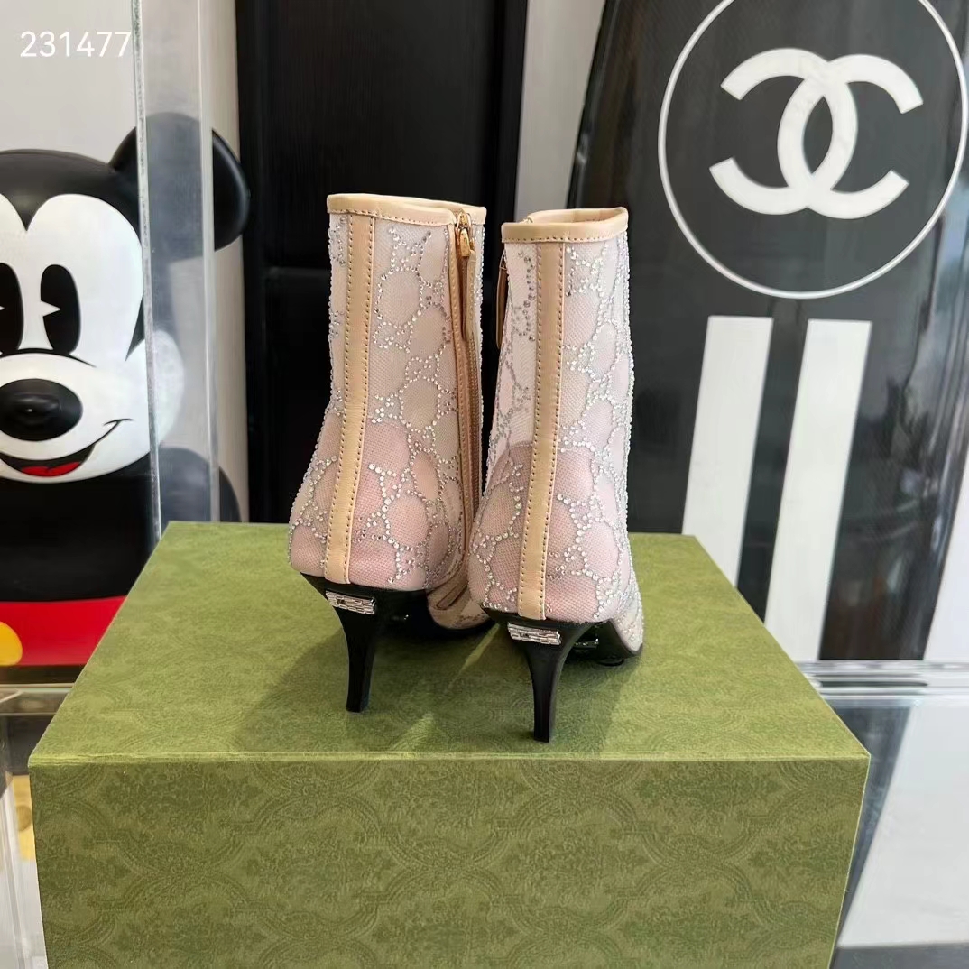 Gucci Women GG Mid-Heel Boot Rose Beige GG Crystal Mesh Leather Sole Pointed Toe