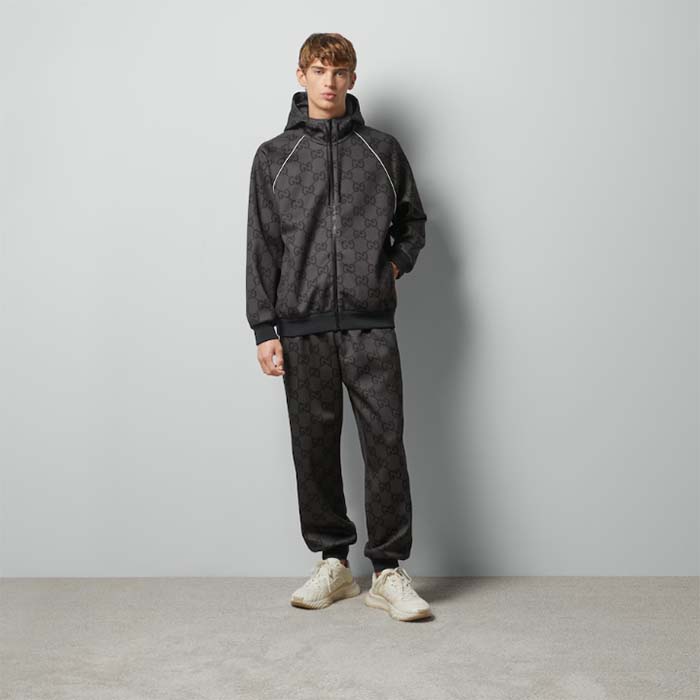 Gucci Men GG Jumbo GG Zip Jacket Web Dark Grey Neoprene Canvas Raglan Sleeves