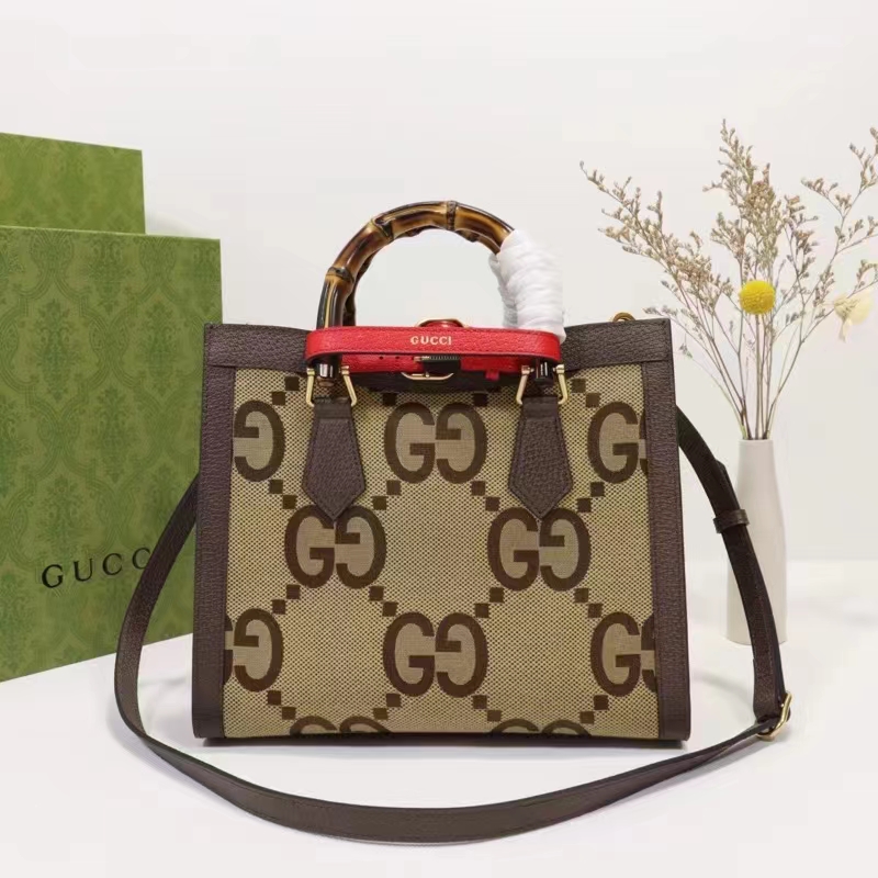 Gucci Unisex Diana Jumbo GG Small Tote Bag Double G Camel Brown Canvas