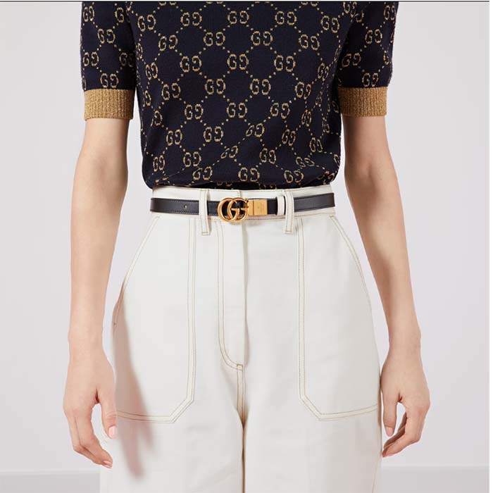 Gucci Unisex Marmont Reversible Thin Belt Black Leather Double G Buckle