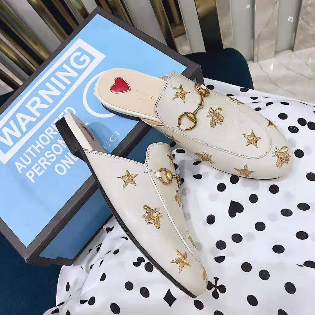 Gucci Women Princetown Embroidered Leather Slipper 1.27cm Heel-White