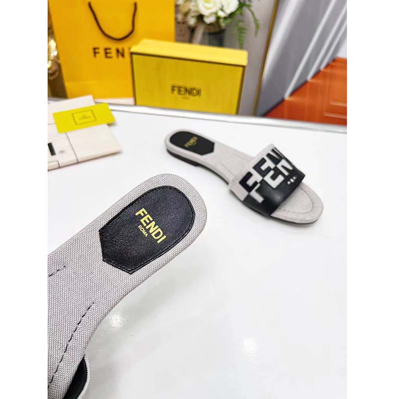 Fendi Women FF Signature Canvas Black Leather Slides 1 Cm Heel