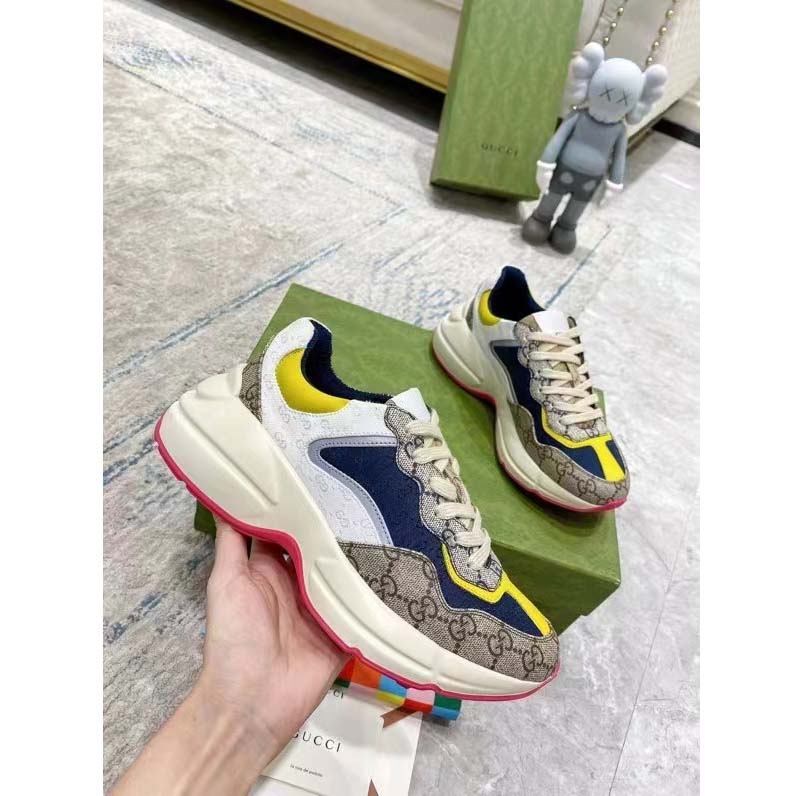 Gucci Unisex Rhyton Sneaker Beige White Blue GG Supreme Canvas Low Heel