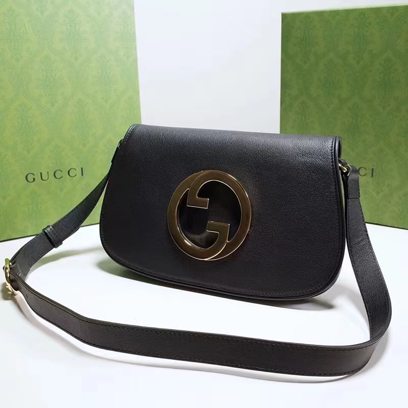 Gucci Women GG Blondie Shoulder Bag Black Leather Round Interlocking G