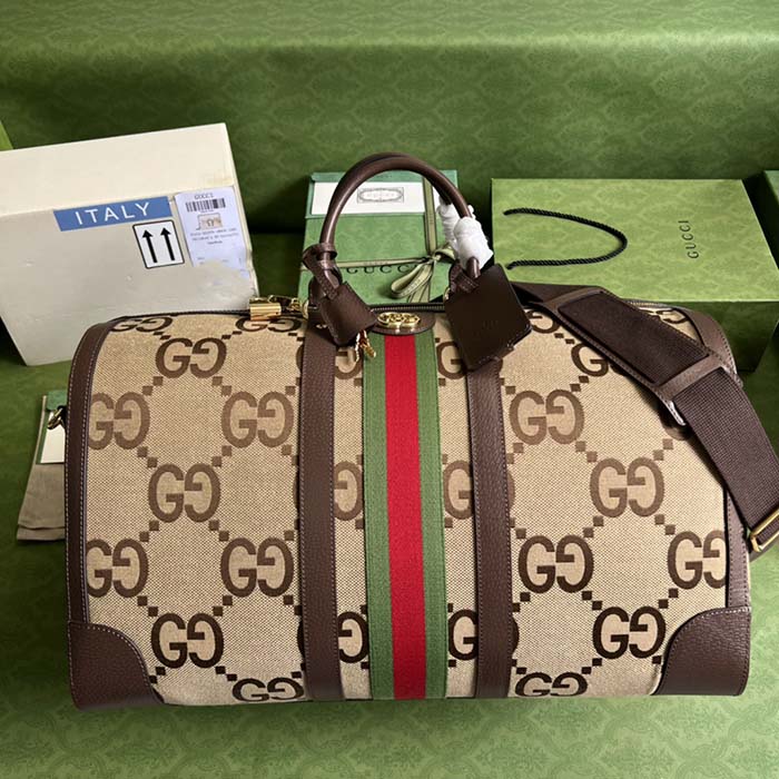 Gucci Unisex Jumbo GG Large Duffle Bag Camel Ebony Canvas Double G