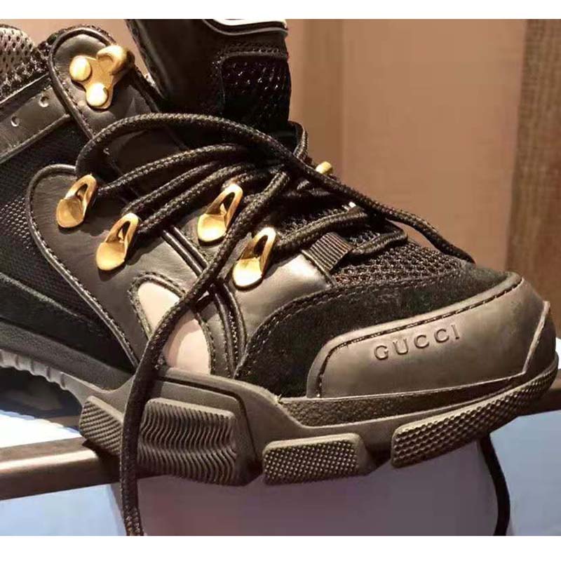 Gucci Unisex Flashtrek Sneaker with Removable Crystals in Black Leather 5.6 cm Heel
