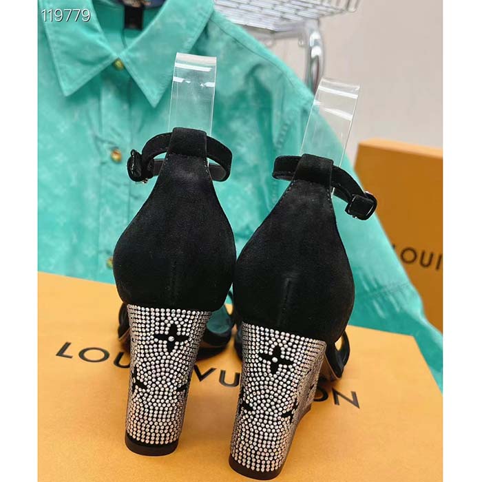 Louis Vuitton LV Women Appeal Wedge Sandal Black Suede Baby Goat Leather Strass