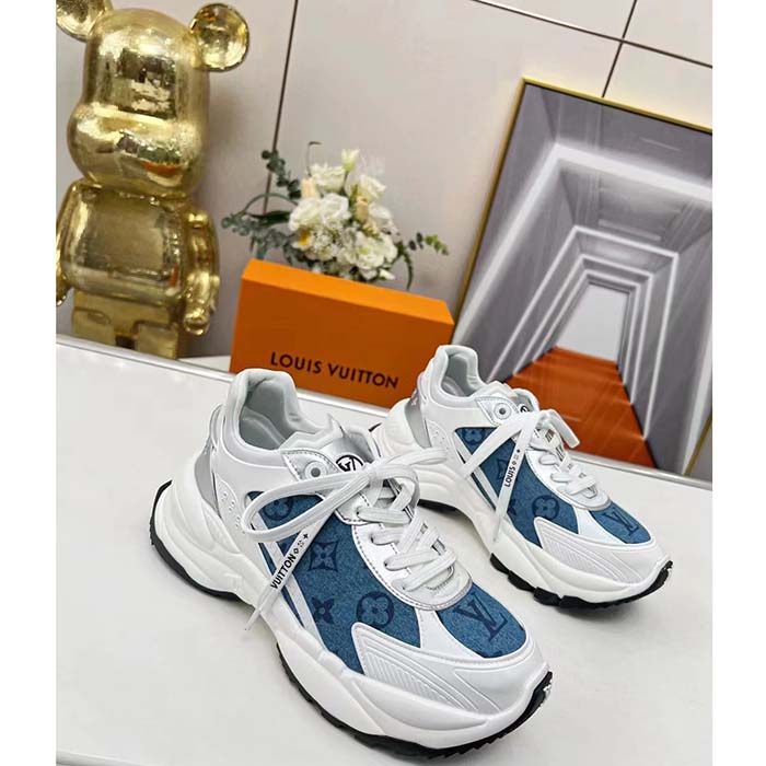 Louis Vuitton LV Unisex Run 55 Sneaker Denim Blue Monogram Denim Lifted Rubber