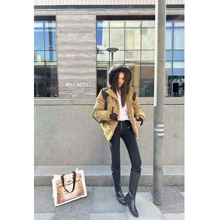 Gucci Women GG Canvas Bomber Jacket Camel Ebony Black Trim Lined Dropped Shoulder Padded