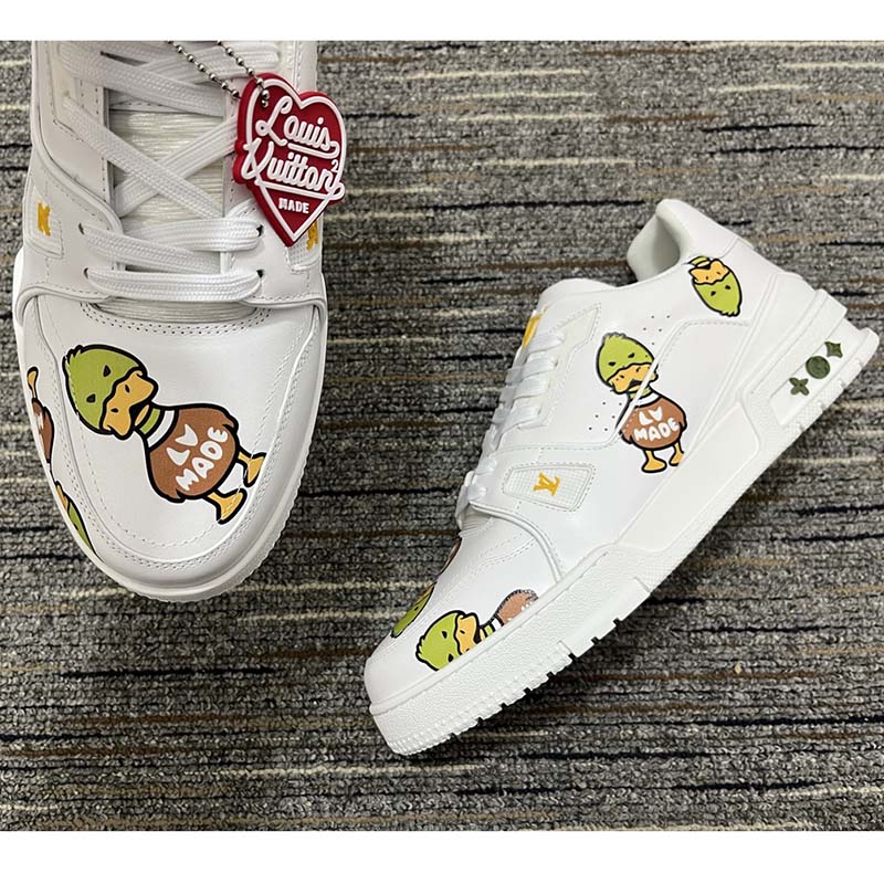 Louis Vuitton Unisex LV Trainer Sneaker White Printed Calf Leather Rubber Monogram Flowers