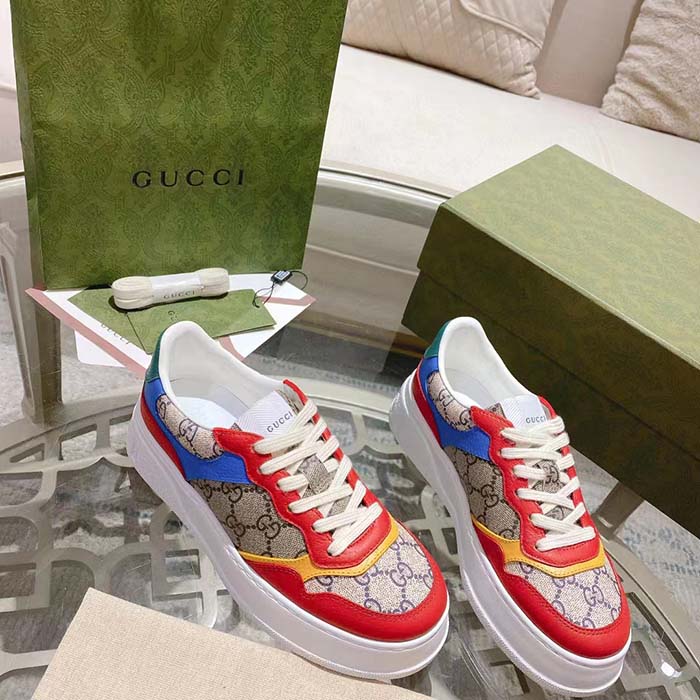 Gucci Unisex Sneaker Beige Blue GG Supreme Canvas Interlocking G 5.6 Cm Heel