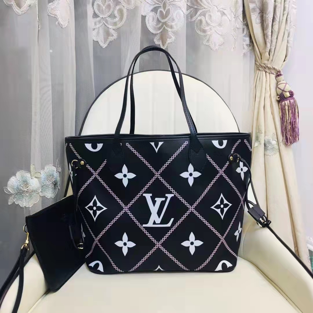 Louis Vuitton LV Women Neverfull MM Tote Black Pink Grained Cowhide Leather