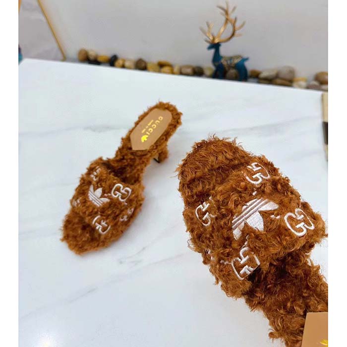 Gucci Women Adidas x Gucci Slide Sandal Brown GG Trefoil Shearling-Effect Fabric