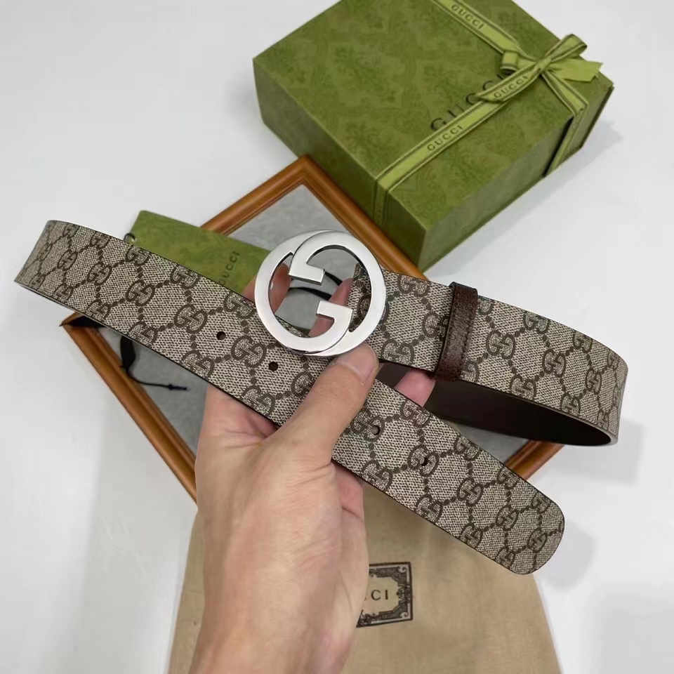 Gucci Unisex GG Blondie Belt Round Interlocking G Buckle Beige Ebony Supreme Canvas