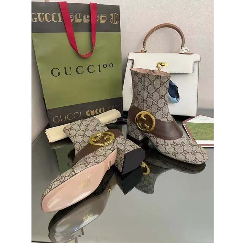 Gucci Blondie Women’s Ankle Boot Beige Ebony GG Supreme Canvas Low 5 Cm Heel