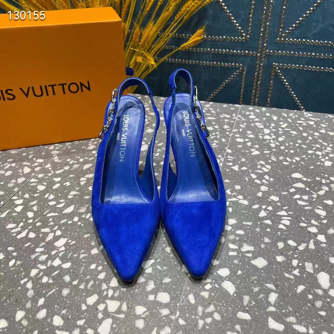 Louis Vuitton Women Sparkle Slingback Pump Blue Suede Baby Goat Leather 9.5 Cm Heel