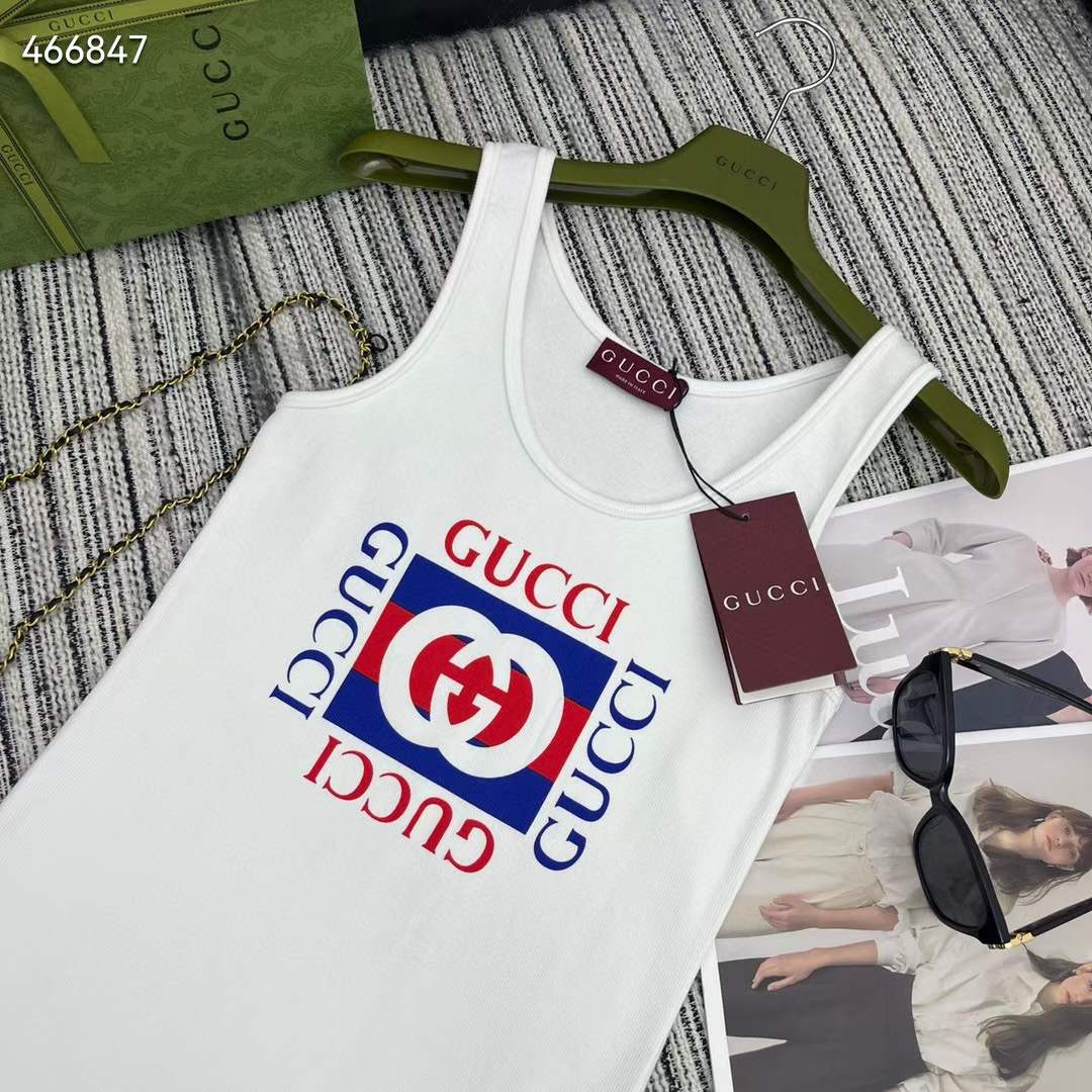 Gucci Women GG Rib Cotton Tank Top Gucci Print White Scoop Neck Sleeveless