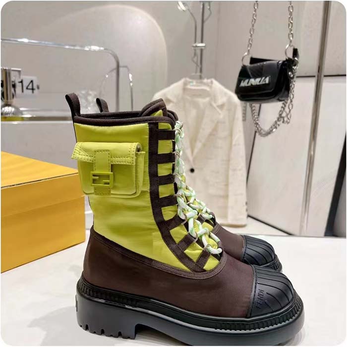 Fendi Women FF Domino Biker Boots Acid Green Nylon Polyamide Polyester 5 Cm Heel