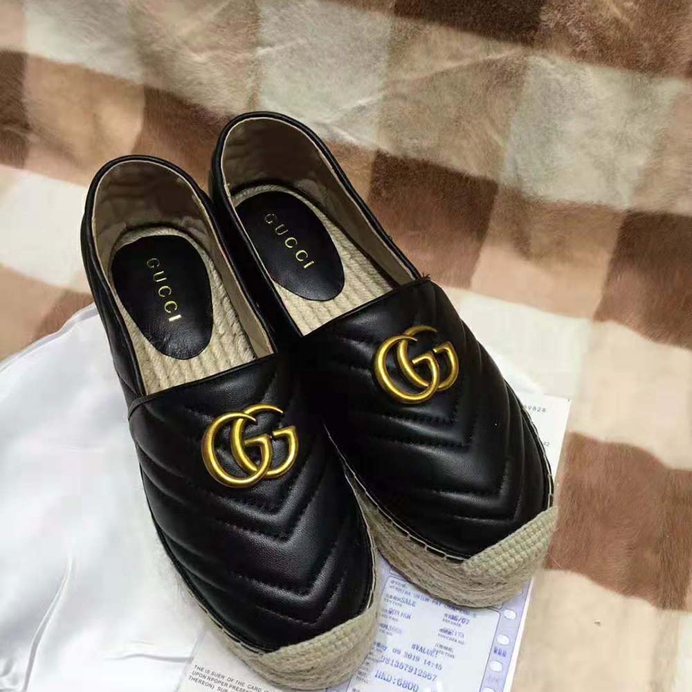 Gucci Women Chevron Leather Espadrille with Double G in 5.1 cm Height-Black