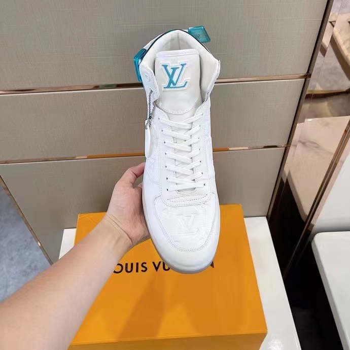 Louis Vuitton LV Unisex Rivoli Sneaker Boot Blue White Calf Leather Monogram Canvas