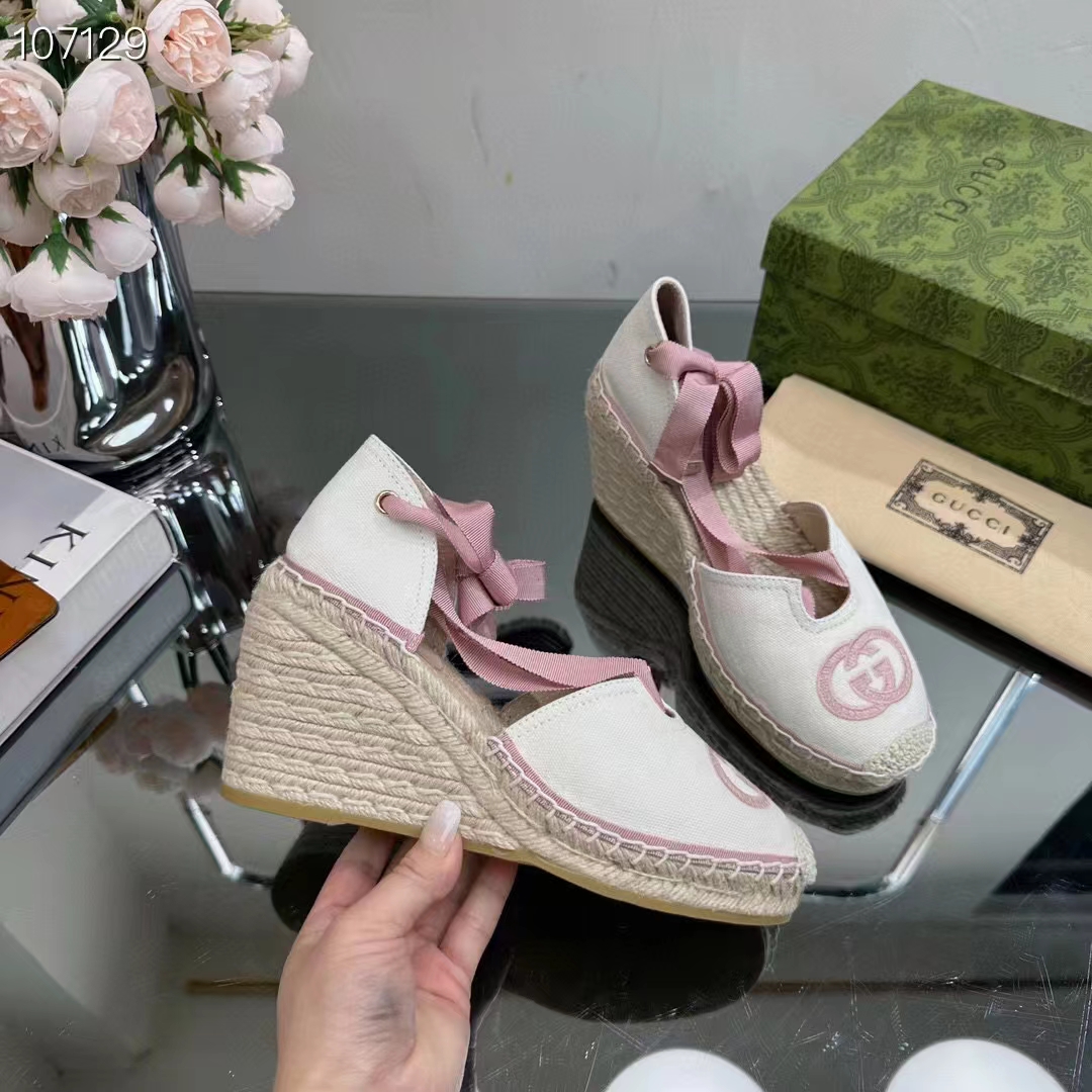 Gucci Women Espadrilles Ribbon Tie White Cotton Canvas Pink Interlocking G Embroidery