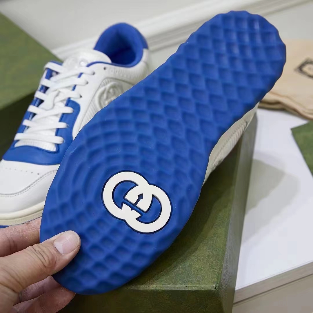 Gucci Unisex GG MAC80 Sneaker Off White Blue Leather Round Toe Rubber Flat