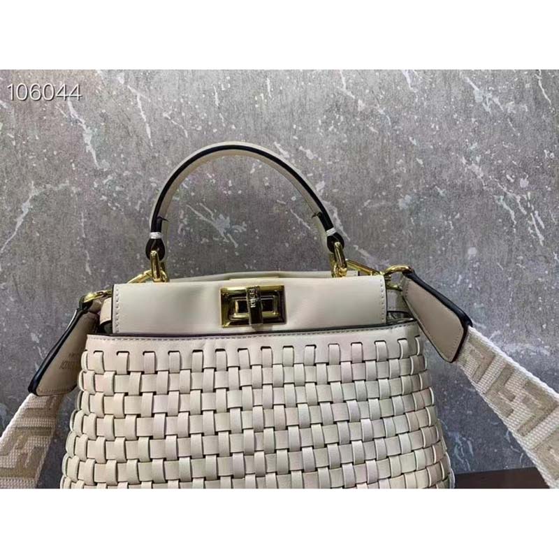 Fendi FF Women Peekaboo Mini Bag Beige Braided Calfskin Leather Bag