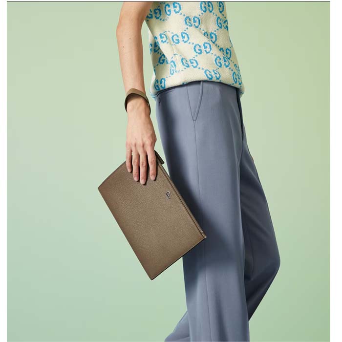 Gucci Unisex GG Marmont Pouch Taupe Leather Six Card Slots One Open Pocket