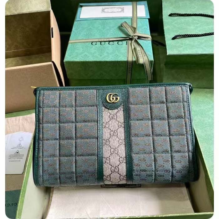 Gucci Unisex Mini GG Canvas Pouch Green Quilted Beige Ebony Supreme