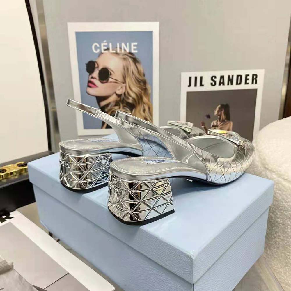 Prada Women Metallic Leather Slingback Pumps in 45mm Heel Height-Silver