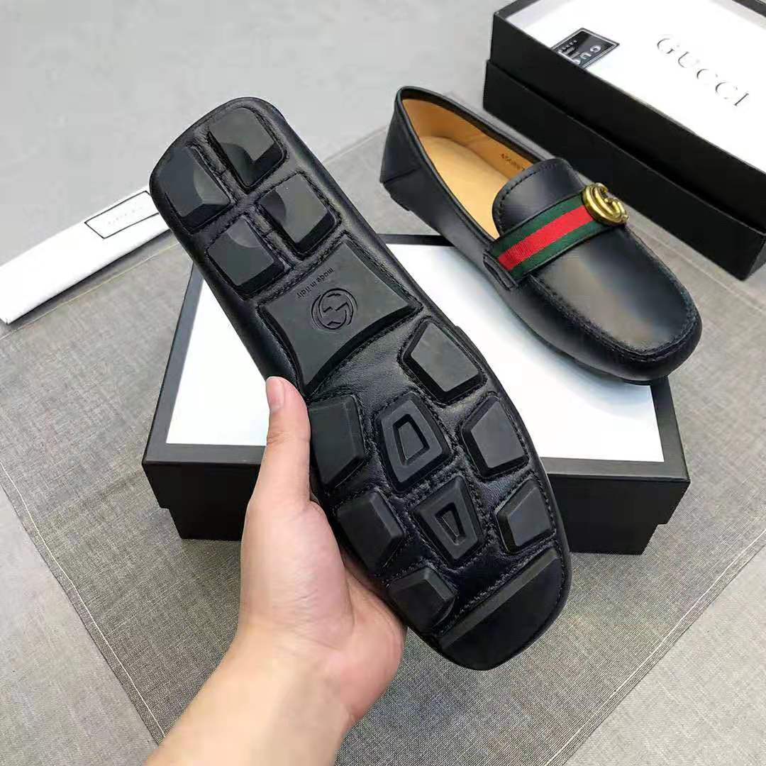 Gucci Men Leather Driver with Web-Black