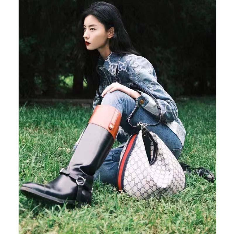 Gucci Women GG Attache Large Shoulder Bag Beige Blue GG Supreme Canvas