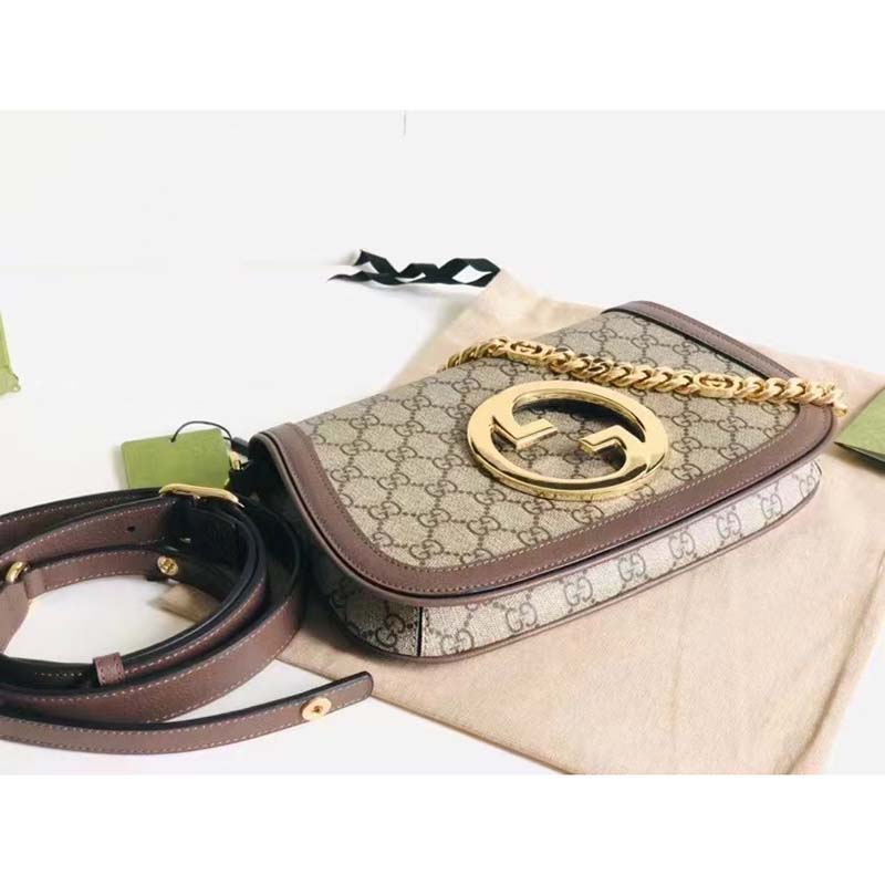 Gucci Women GG Blondie Shoulder Bag Beige Ebony GG Supreme Canvas