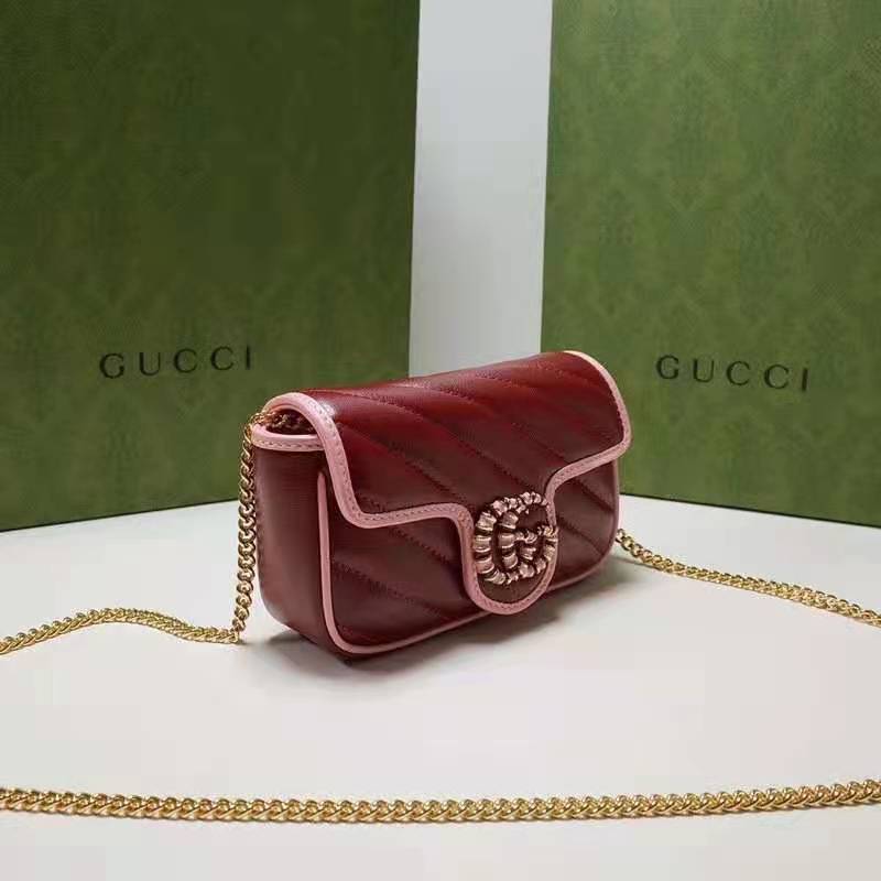 Gucci Unisex GG Marmont Super Mini Bag Dark Red Diagonal Matelassé Leather