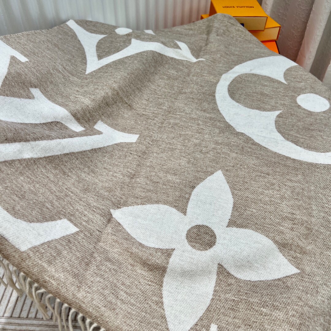 Louis Vuitton LV Unisex Ultimate Shine Scarf Beige Allover Monogram Pattern Fringe Finish