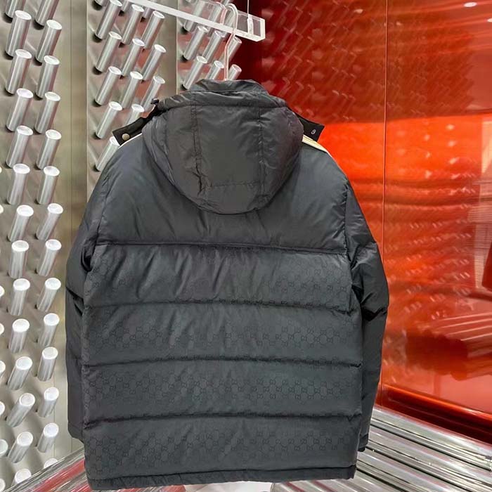 Gucci Men GG Black Jacquard Nylon Padded Coat Camel Brown Interlocking G Stripe Down Goose Feather