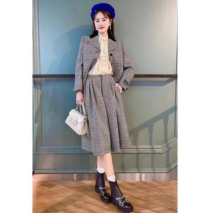 Gucci Women GG Prince Wales Check Pleated Skirt Black White Wool Button Closure