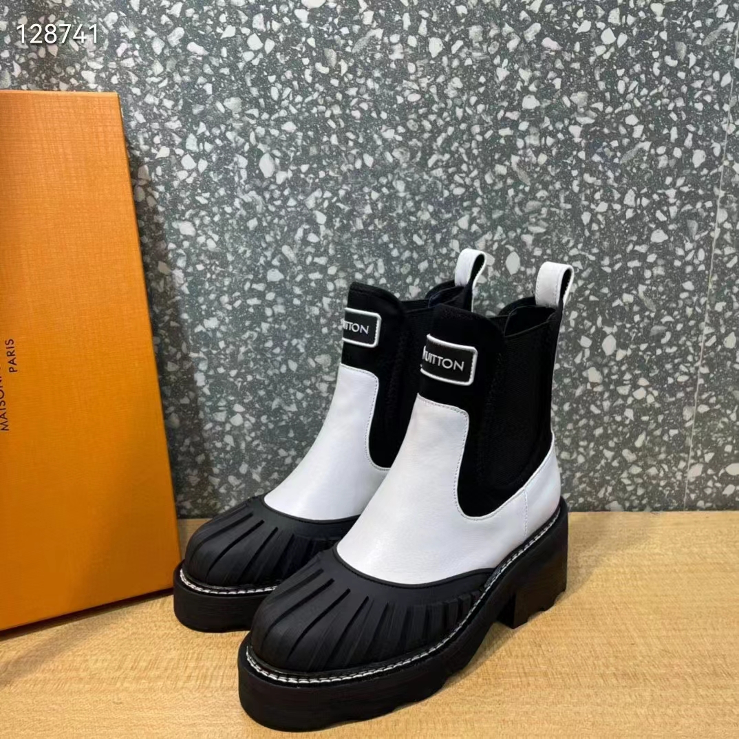 Louis Vuitton Women Shoes LV Beaubourg Ankle Boot Ecru White Calf Leather Neoprene