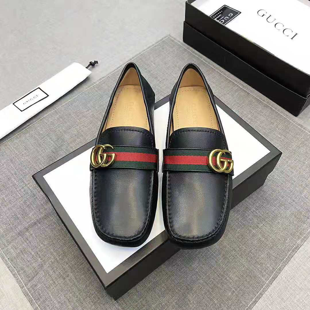 Gucci Men Leather Driver with Web-Black