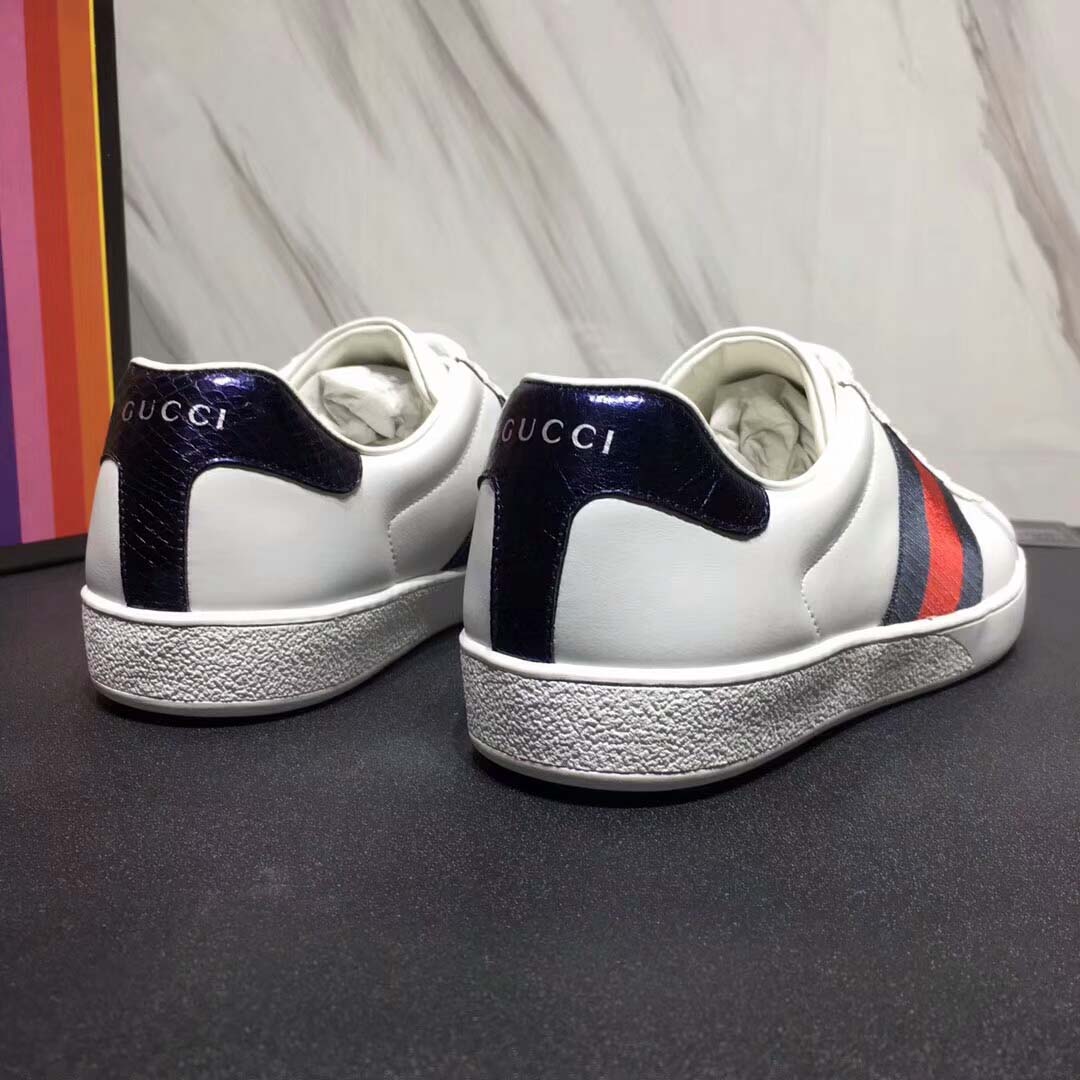 Gucci Men Leather Low-Top Sneaker Shoes with Web Stripe-White