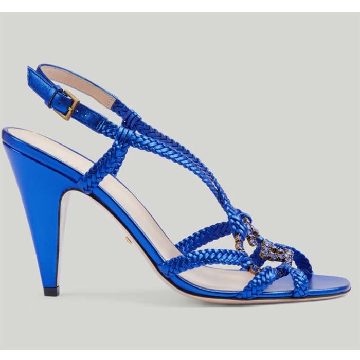 Gucci Women Crystal Interlocking G Sandal Blue Metallic Braided Leather High Heel