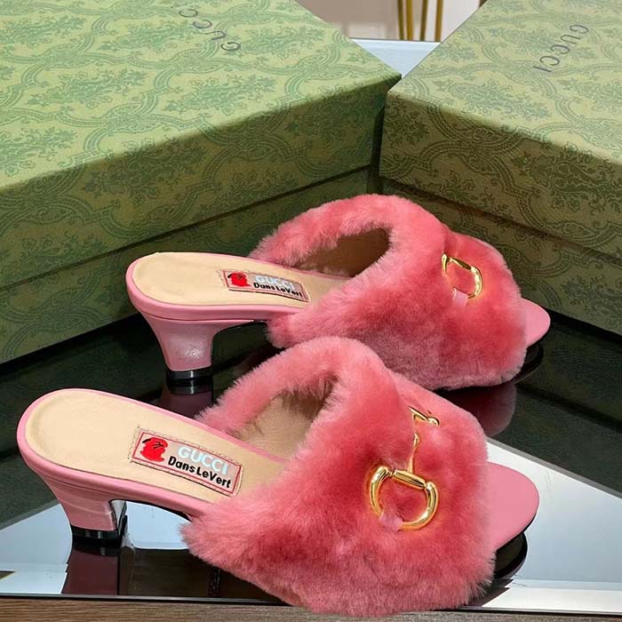 Gucci GG Women’s Mid-Heel Slide Sandal Pink Fabric Horsebit 5.6 Cm Heel